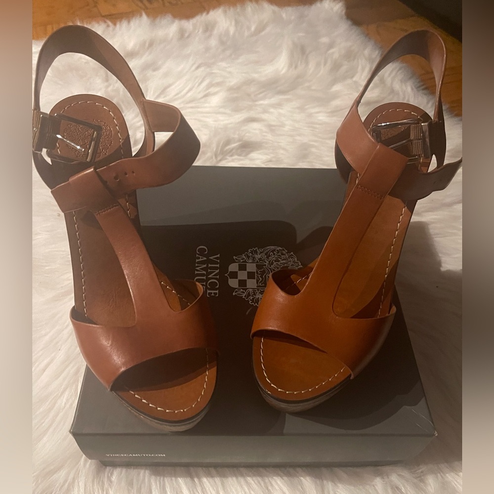 New inside box, Brown t-strapped wedge sandals